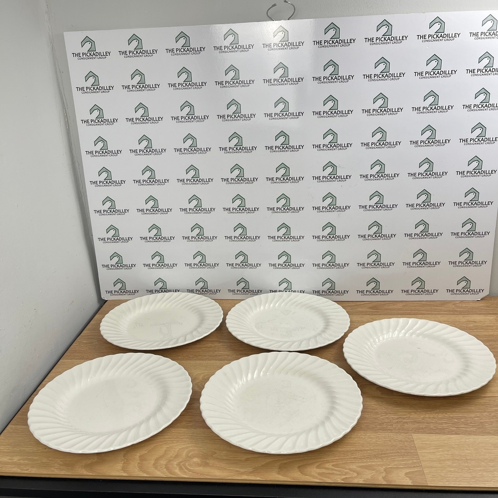 Sheffield Bone White Swirl Rim Dinner Plates Set of 5 Ironstone 10 Inch Vintage
